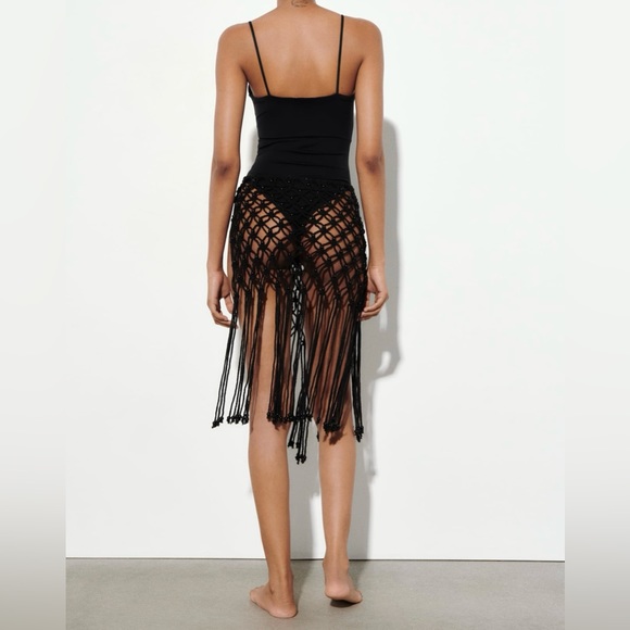 NWT ZARA Fringed Mesh Beaded Skirt Beach Cover Cotton Blend Open Side Tie - Picture 4 of 12